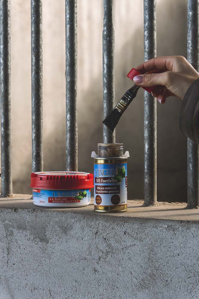 gamme de produits réparateurs pour la fourchette du cheval. les produits sont posés sur le box dans une écurie