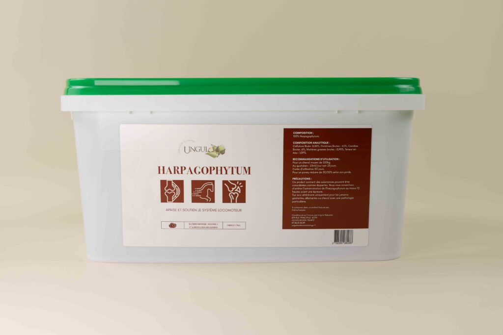 harpagophytum en plante pure disposée dans un sceau blanc avec couvercle vert. Ce produit apaise et soutien le système immunitaire