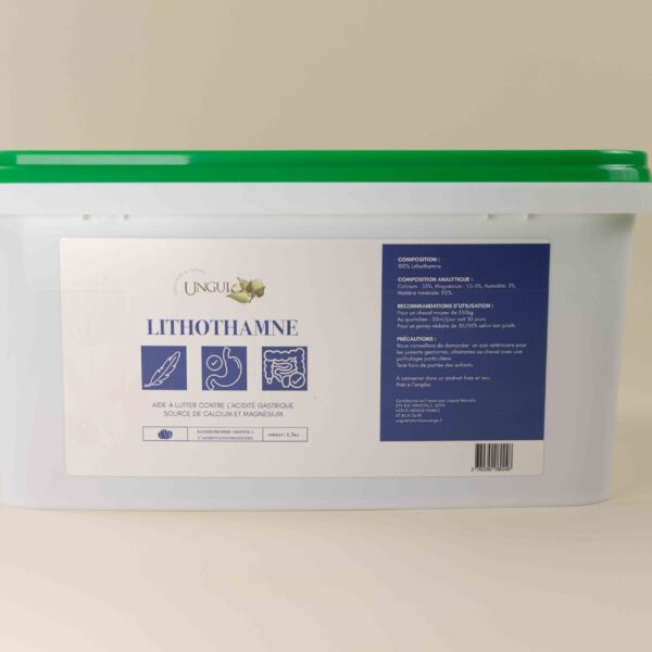Lithothamne en plante pure destinée à lutter contre l'acidité gastrique du cheval, il est source de calcium et de magnésium. Produit disposé dans un sceau blanc au couvercle vert